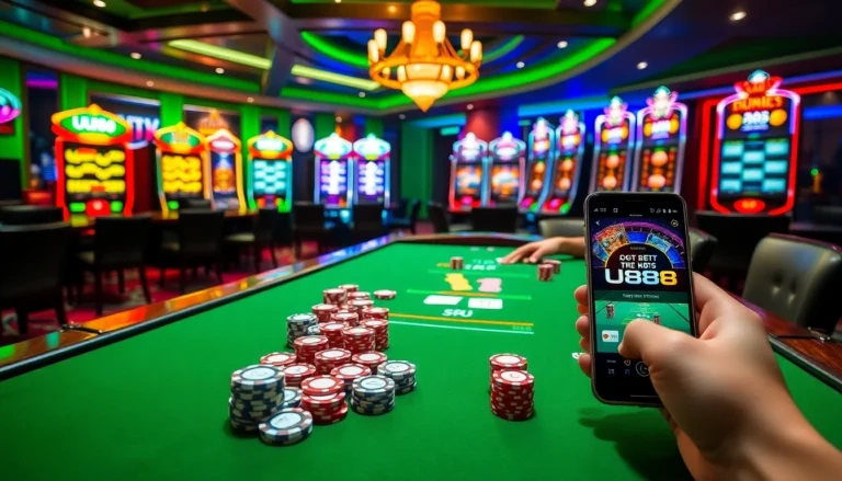 UU88 casino scene featuring interactive gaming tables and vibrant slot machines creating an exciting gambling atmosphere.