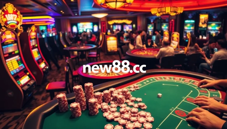 Experience the thrill of online gaming at new88.cz with a lively casino scene featuring vibrant slot machines and excited players.