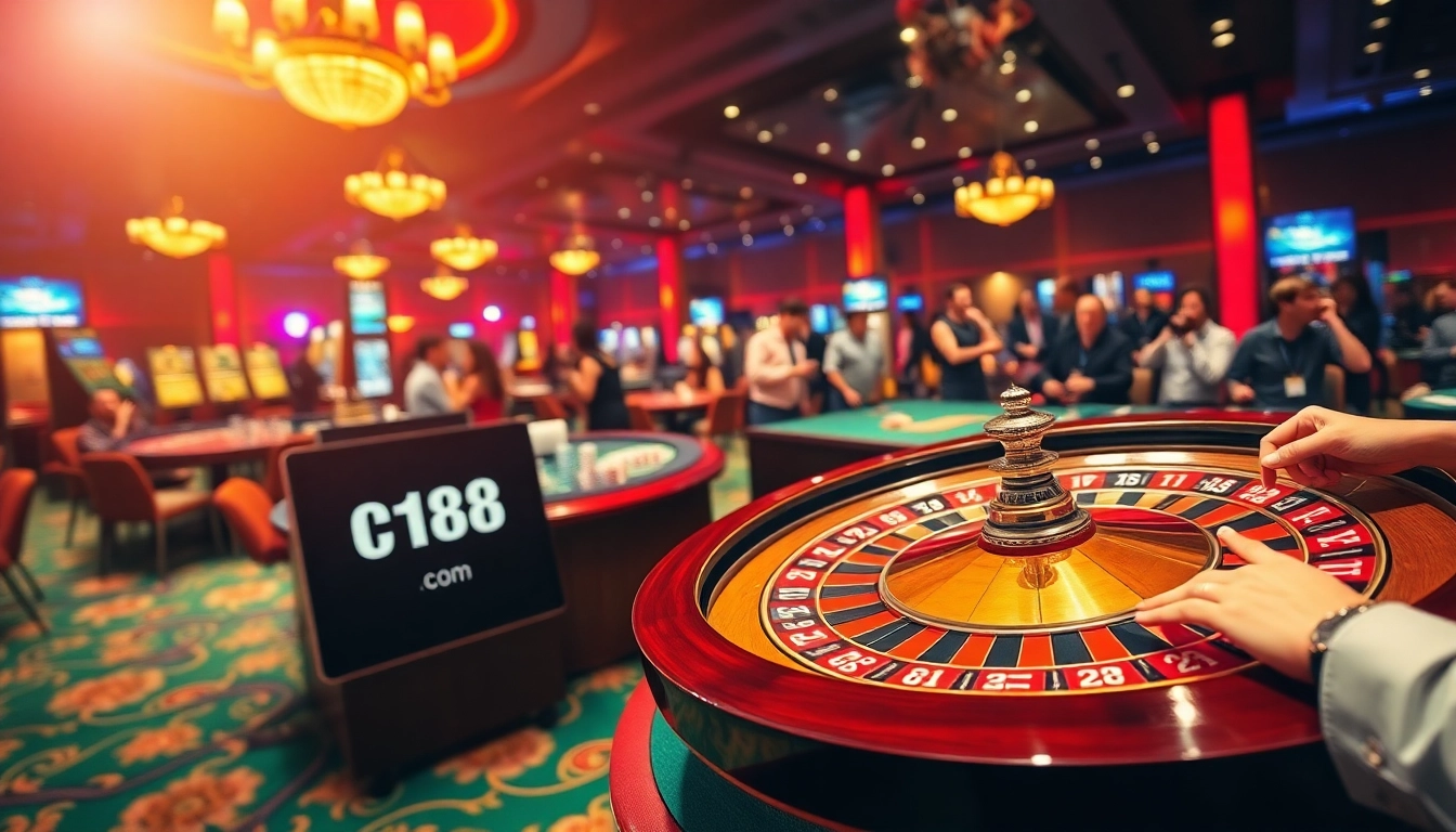 Experience the thrill of winning with c168 com at a vibrant casino featuring roulette, gaming tables, and eager players.