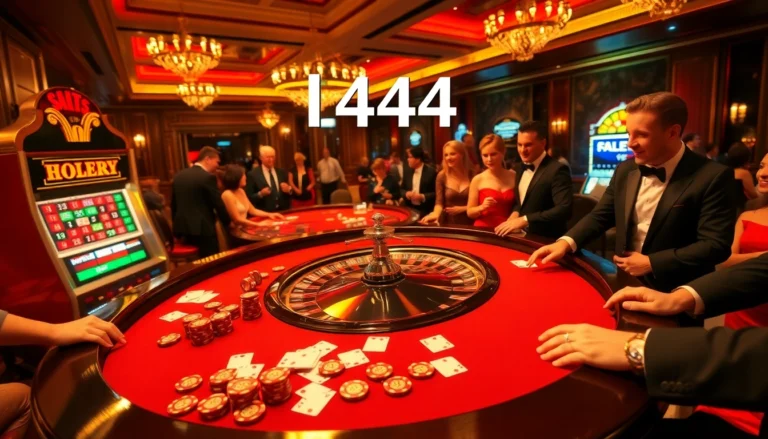 Players engaging in intense roulette action at l444 casino, surrounded by vibrant slot machines and lively atmosphere.