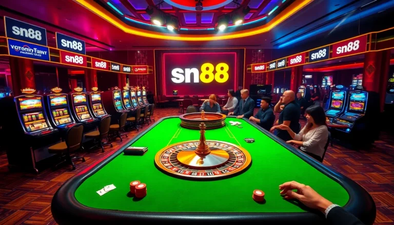 sn88’s vibrant casino scene showcasing players at a poker table and slot machines.
