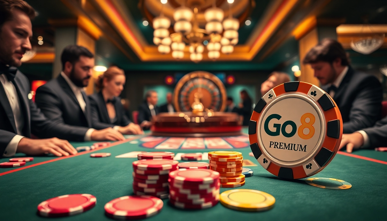 Go8-themed poker scene showcasing vibrant chips and intense gameplay in a luxury casino setting.
