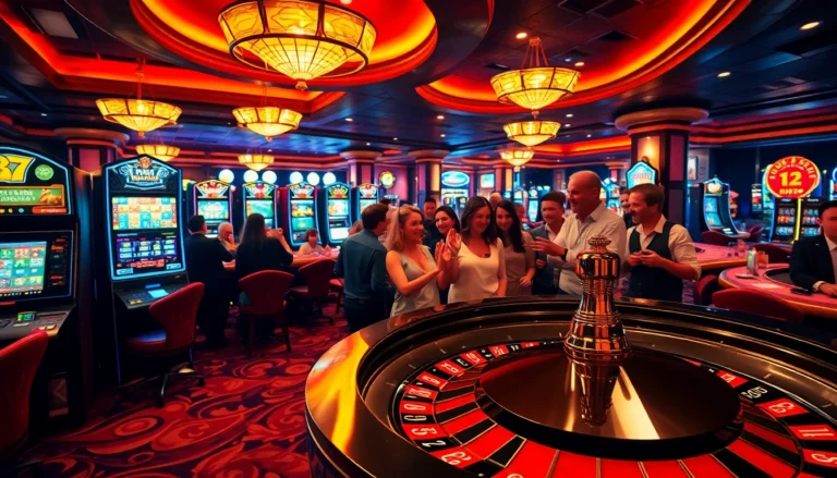 Nohu52 casino scene featuring diverse players cheering at slot machines and a roulette wheel.
