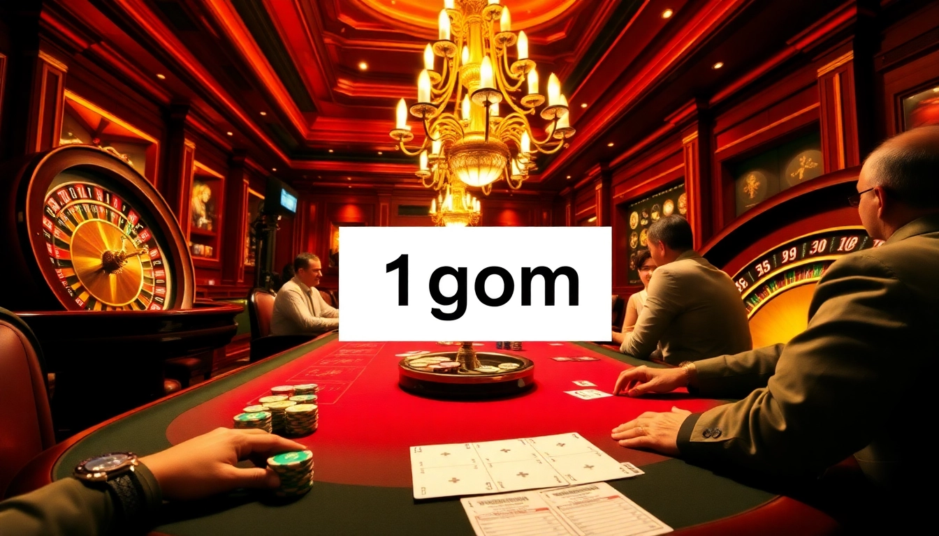 Casino setting featuring players at a poker table and a roulette wheel, integrating '1gom' in a betting slip for an exciting gaming experience.