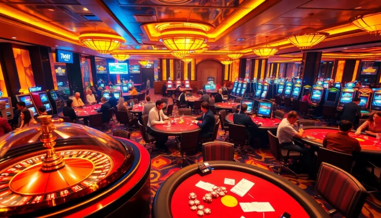 A lively casino scene showcasing players at poker tables, symbolizing 789f nhà cái's thrilling gambling experience.