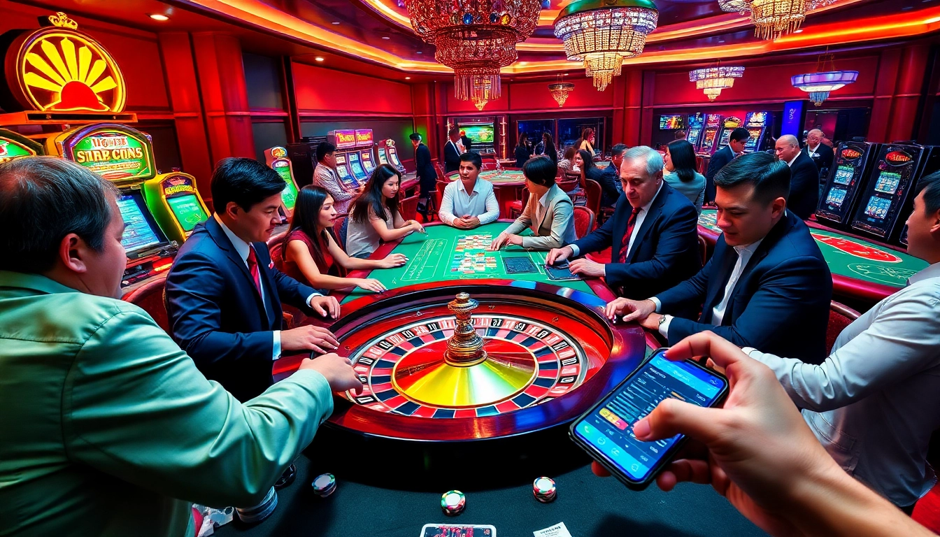 Players engaged in the thrill of casino games at F8BET, displaying excitement around roulette and poker tables.