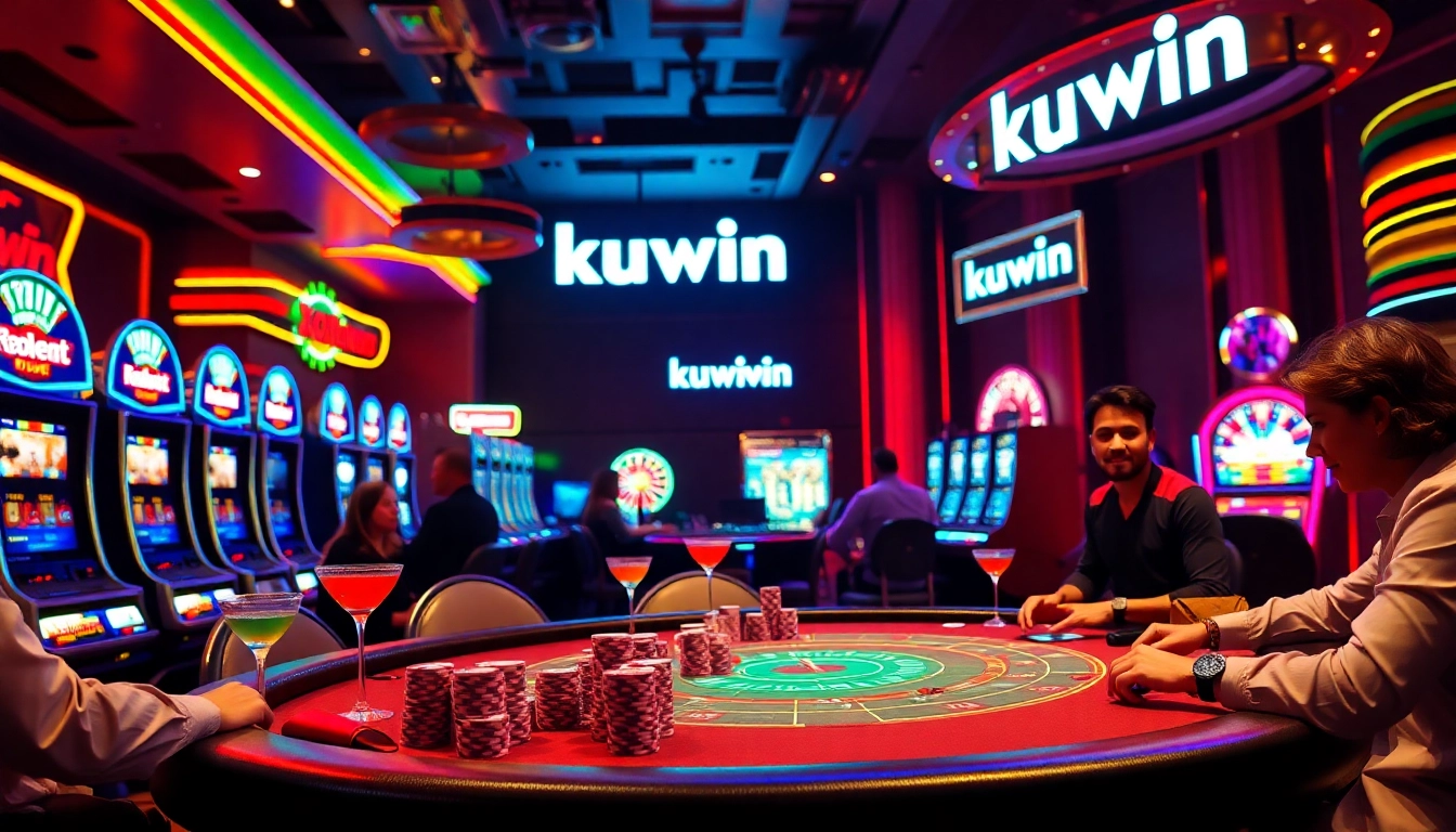 Kuwin casino gaming action with players at a poker table surrounded by slot machines.