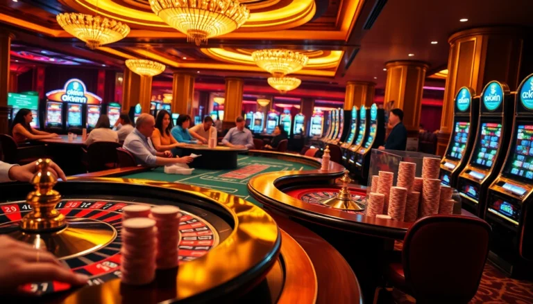 Players immersed in action at the casino, showcasing okwin-themed roulette and slot games with vibrant colors and excitement.