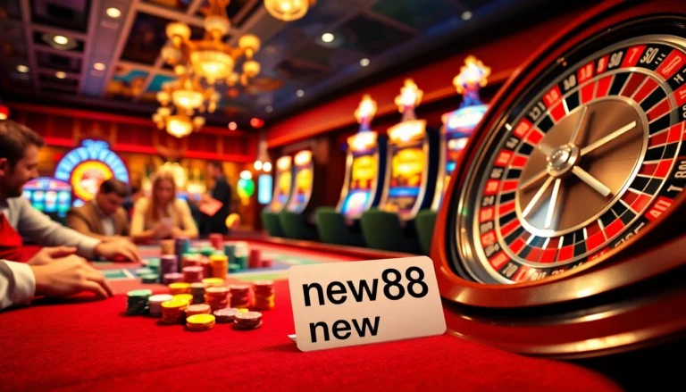 Experience the thrill of new88 at a busy poker table surrounded by vibrant slot machines.