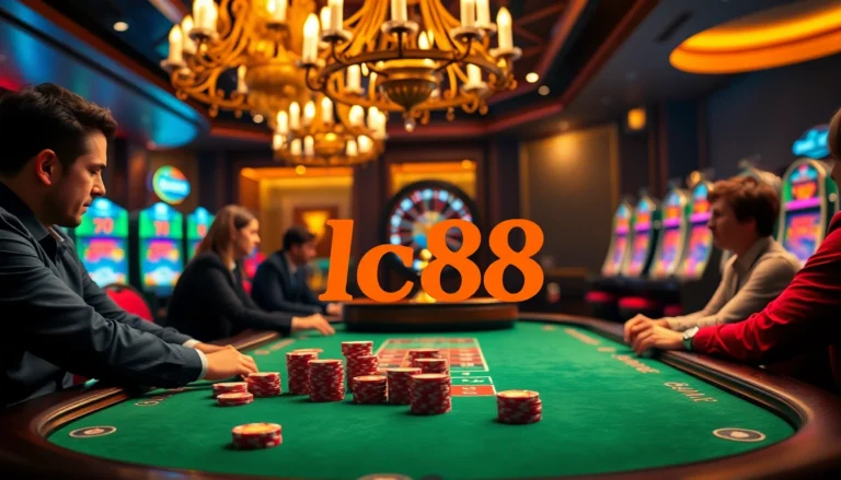 Explore high-stakes gaming at lc88 poker table filled with colorful chips and eager players.