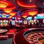 Experience the thrilling atmosphere at New88 as players engage in high-stakes poker surrounded by lavish casino decor.