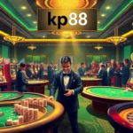 Experience kp88 as players thrill over blackjack and roulette tables at an upscale casino, with vibrant gaming visuals.