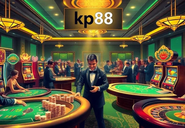 Experience kp88 as players thrill over blackjack and roulette tables at an upscale casino, with vibrant gaming visuals.
