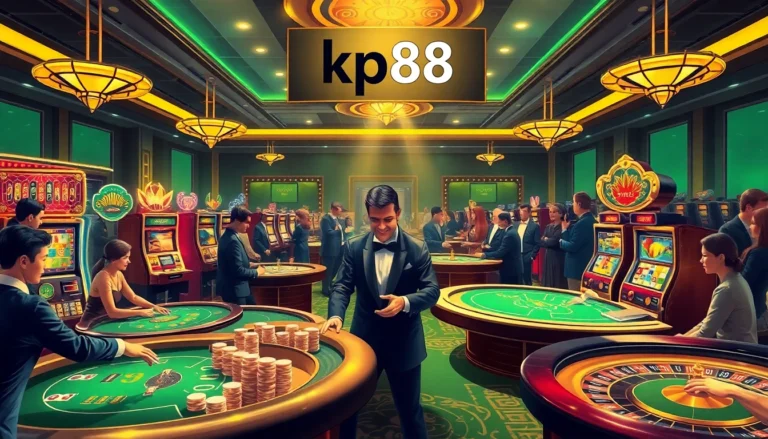 Experience kp88 as players thrill over blackjack and roulette tables at an upscale casino, with vibrant gaming visuals.