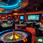 Experience thrilling casino action at https://ea77.lat/, with players enjoying roulette and poker games in vibrant light.