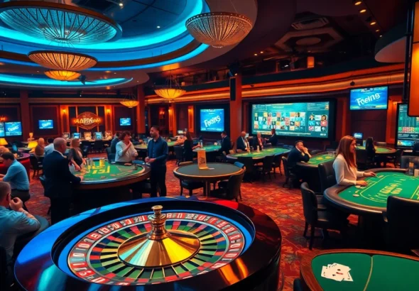 Experience thrilling casino action at https://ea77.lat/, with players enjoying roulette and poker games in vibrant light.