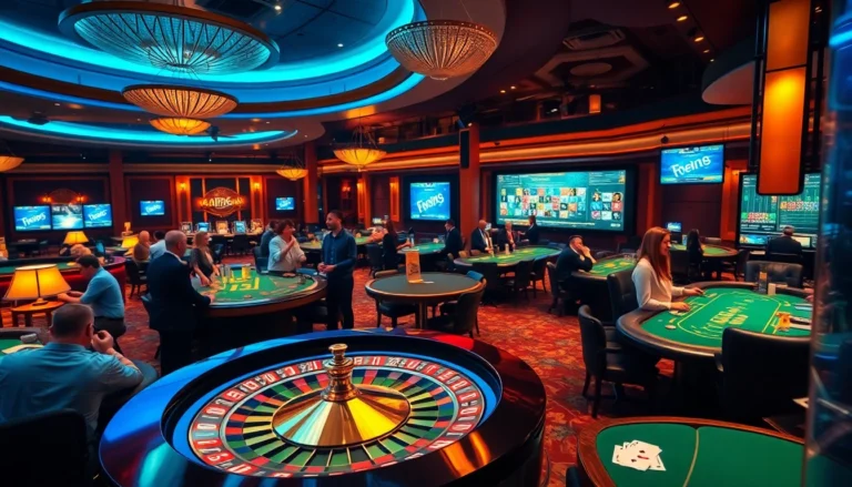 Experience thrilling casino action at https://ea77.lat/, with players enjoying roulette and poker games in vibrant light.